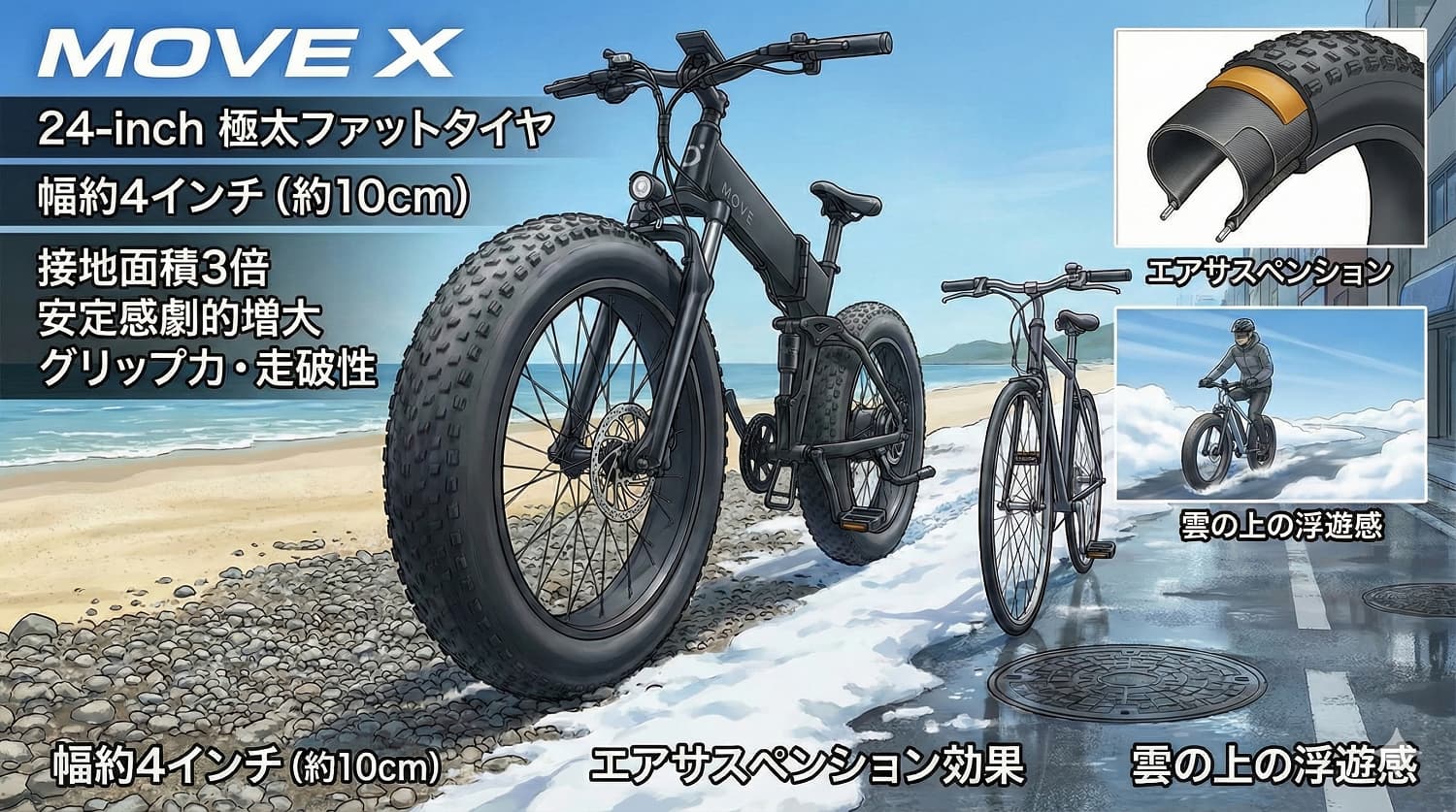 MOVE Xを象徴するアイデンティティは、なんといってもその24インチ極太ファットタイヤにあります 。